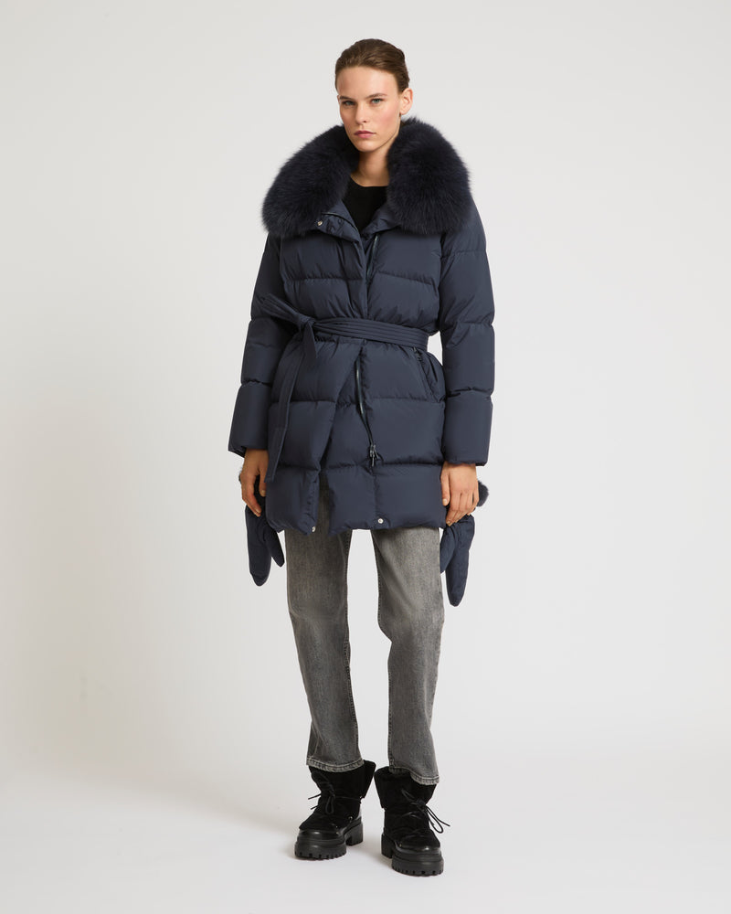 Belted down jacket in waterproof technical fabric with fox and rabbit fur