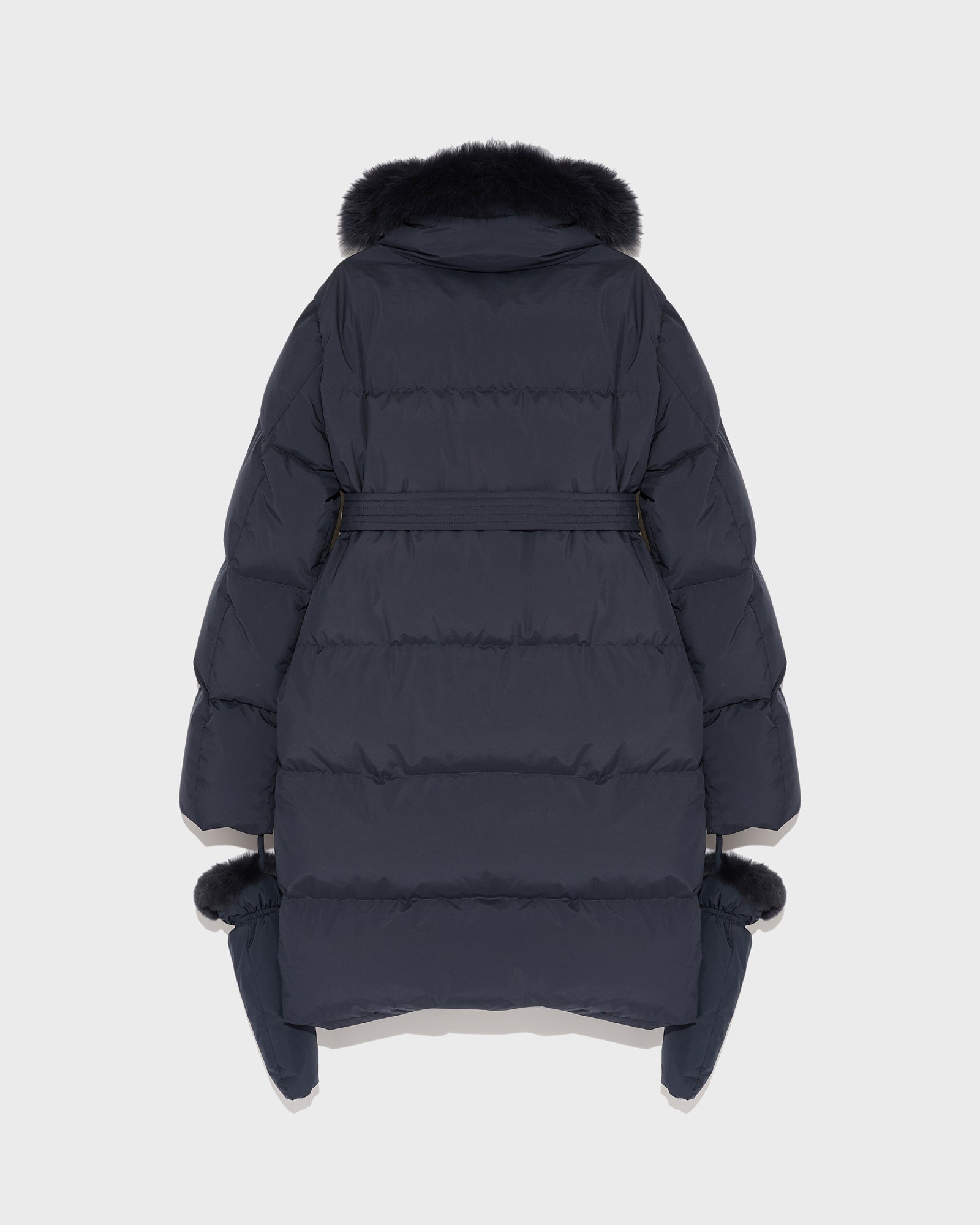 Belted down jacket in waterproof technical fabric with fox