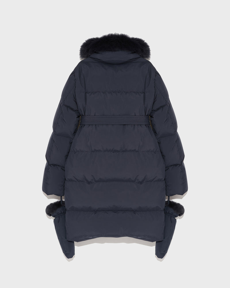 Belted down jacket in waterproof technical fabric with fox and rabbit fur - navy - Yves Salomon