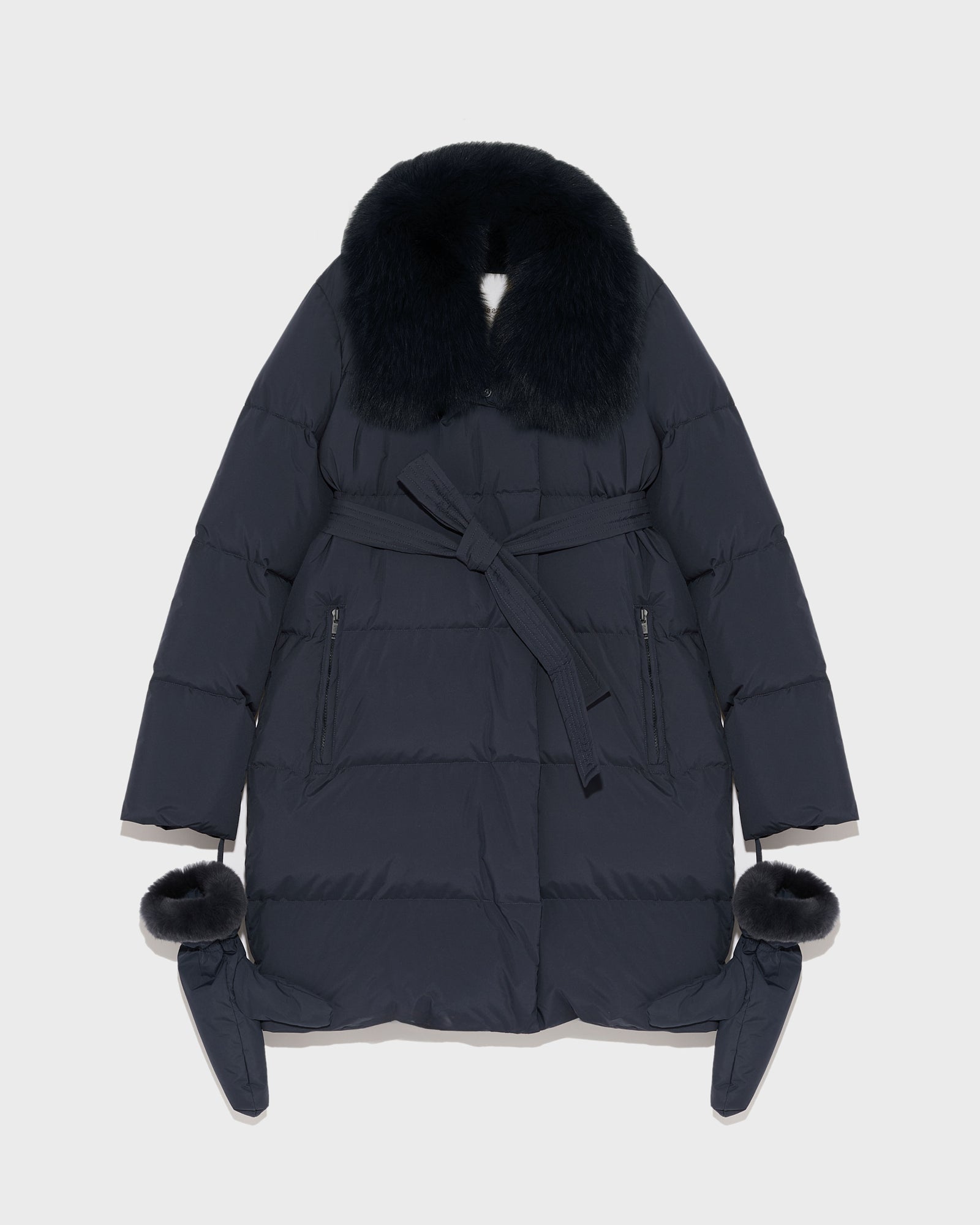 ジャケット・アウター raughlow cocoon tweed jaket(navy) Belted down jacket in waterproof technical fabric with fox