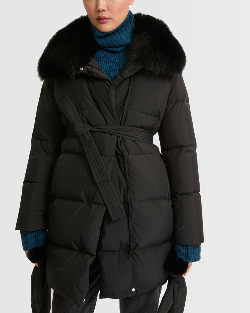 Belted down jacket in waterproof technical fabric with fox and rabbit fur