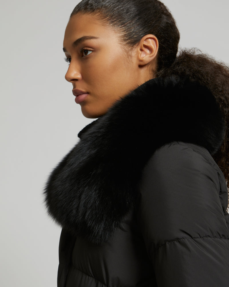 Belted down jacket in waterproof technical fabric with fox and rabbit fur