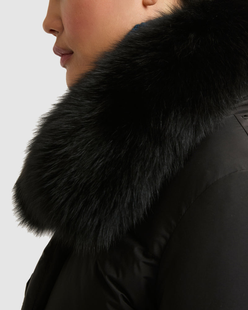 Belted down jacket in waterproof technical fabric with fox and rabbit fur
