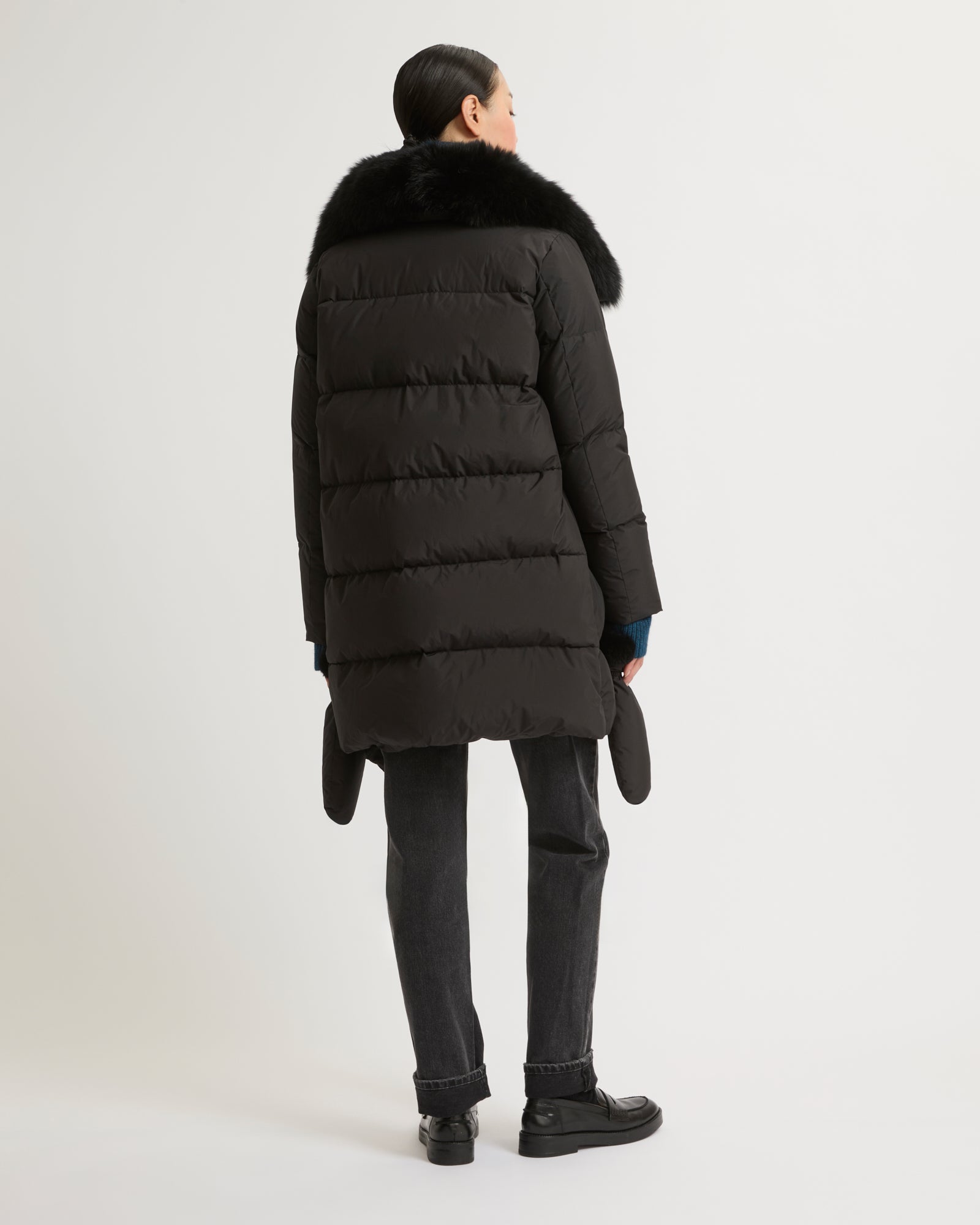 Belted down jacket in waterproof technical fabric with fox