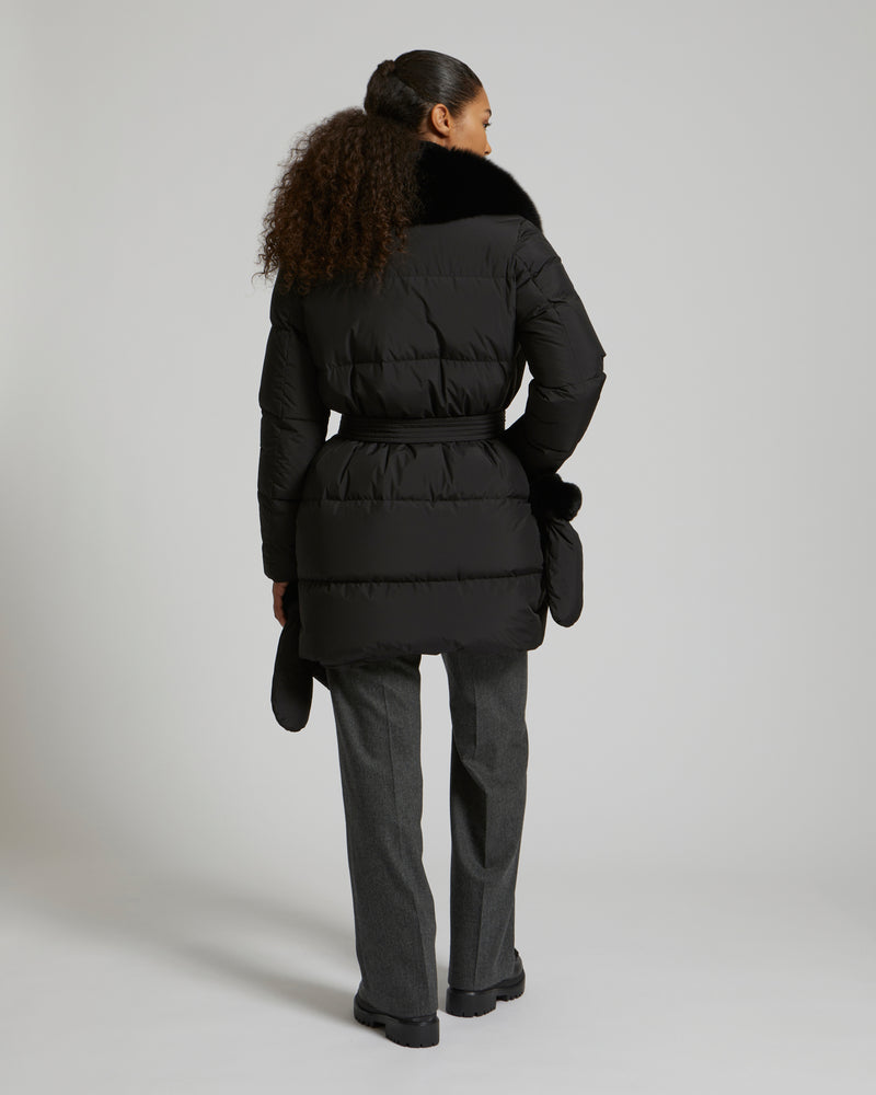 Belted down jacket in waterproof technical fabric with fox and rabbit fur