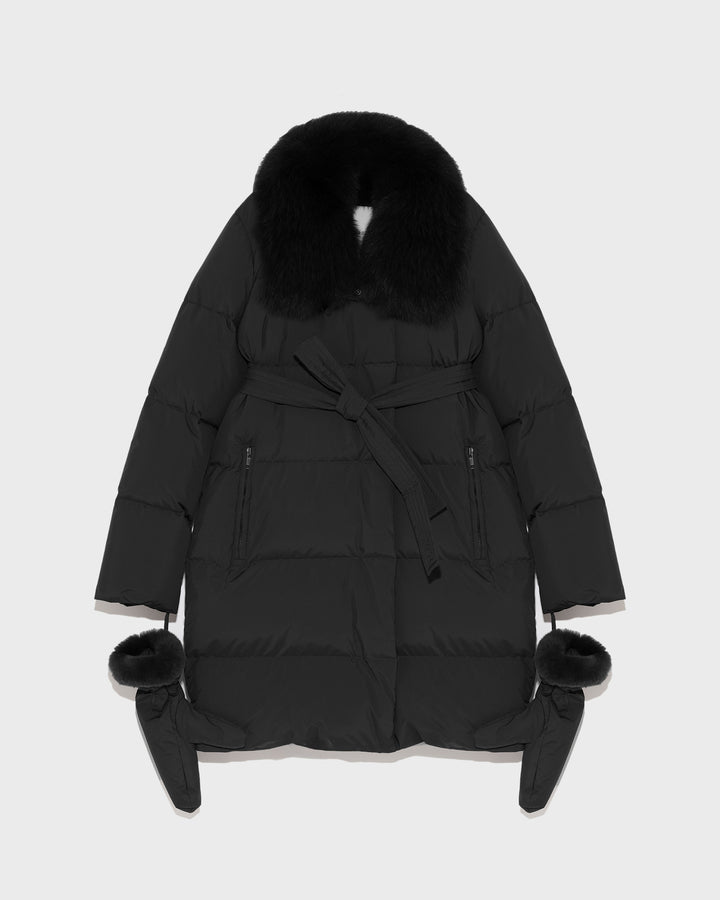 Black Friday - Yves Salomon - Belted down jacket in waterproof technical fabric with fox and rabbit fur - black - front view