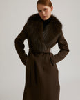 Belted coat in cashmere wool with fox fur collar and lapel