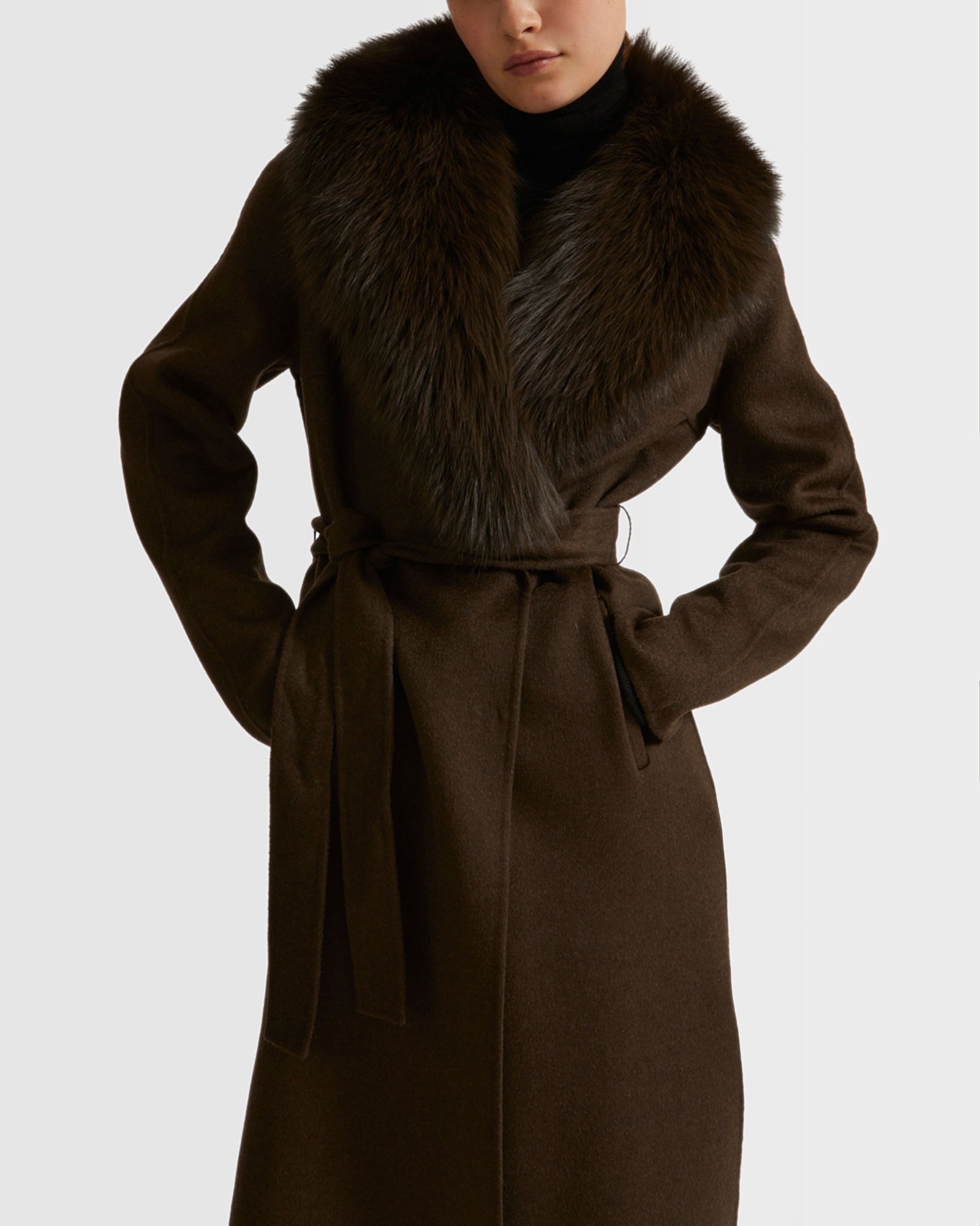 Belted coat in cashmere with fox fur collar - khaki - Yves Salomon