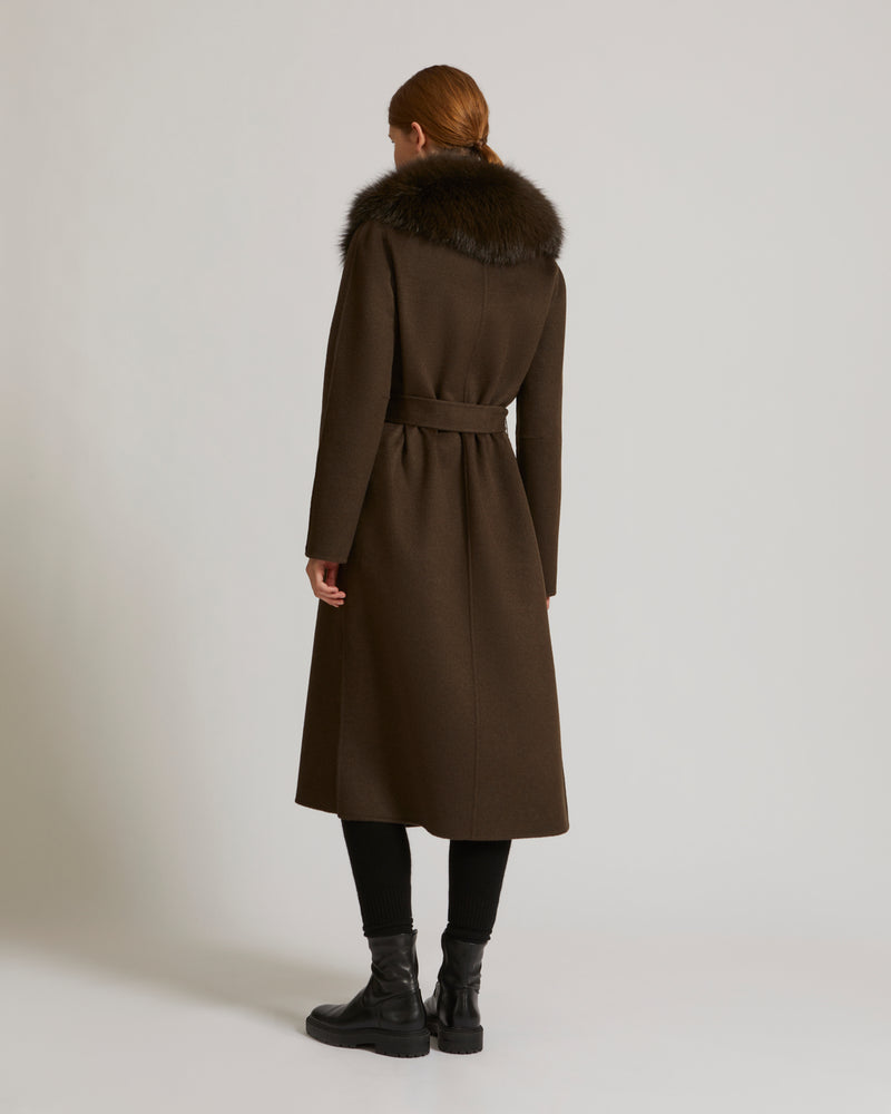Belted coat in cashmere wool with fox fur collar and lapel - khaki - Yves Salomon