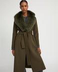 Belted coat in cashmere wool with fox fur collar and lapel