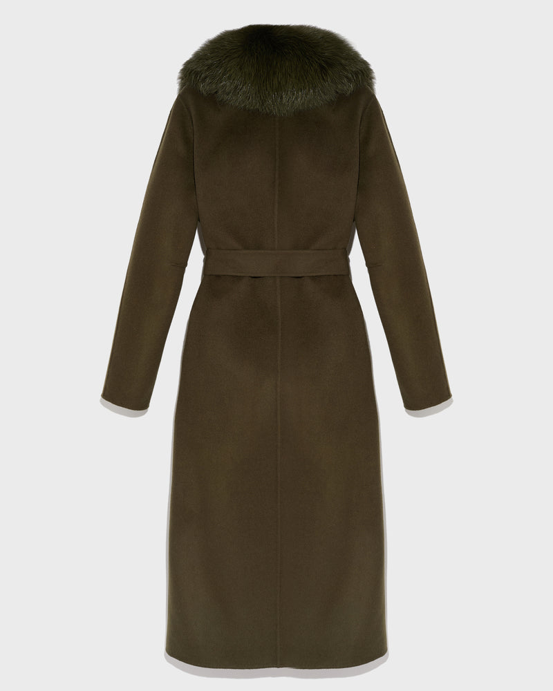 Belted coat in cashmere wool with fox fur collar and lapel - khaki - Yves Salomon