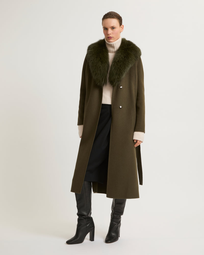 Belted coat in cashmere wool with fox fur collar and lapel - khaki - Yves Salomon