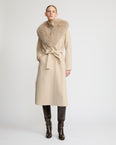 Belted coat in cashmere wool with fox fur collar and lapel