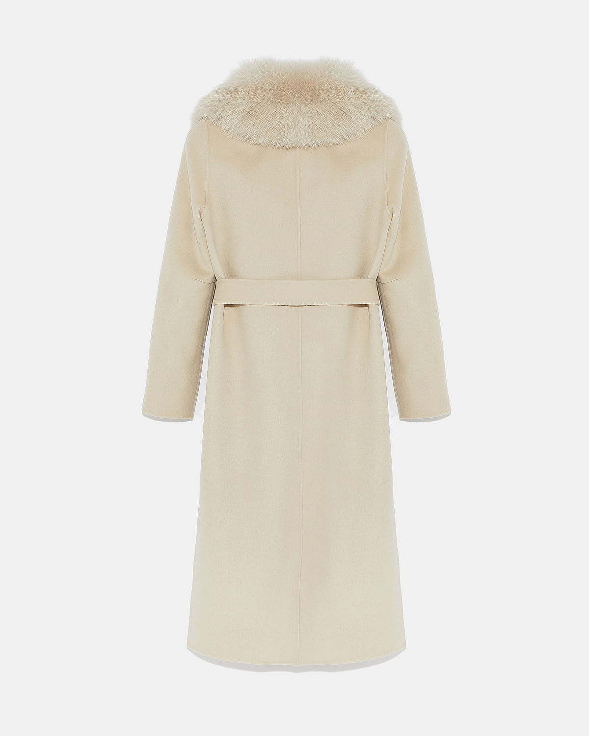 Belted coat in cashmere wool with fox fur collar and lapel - beige
