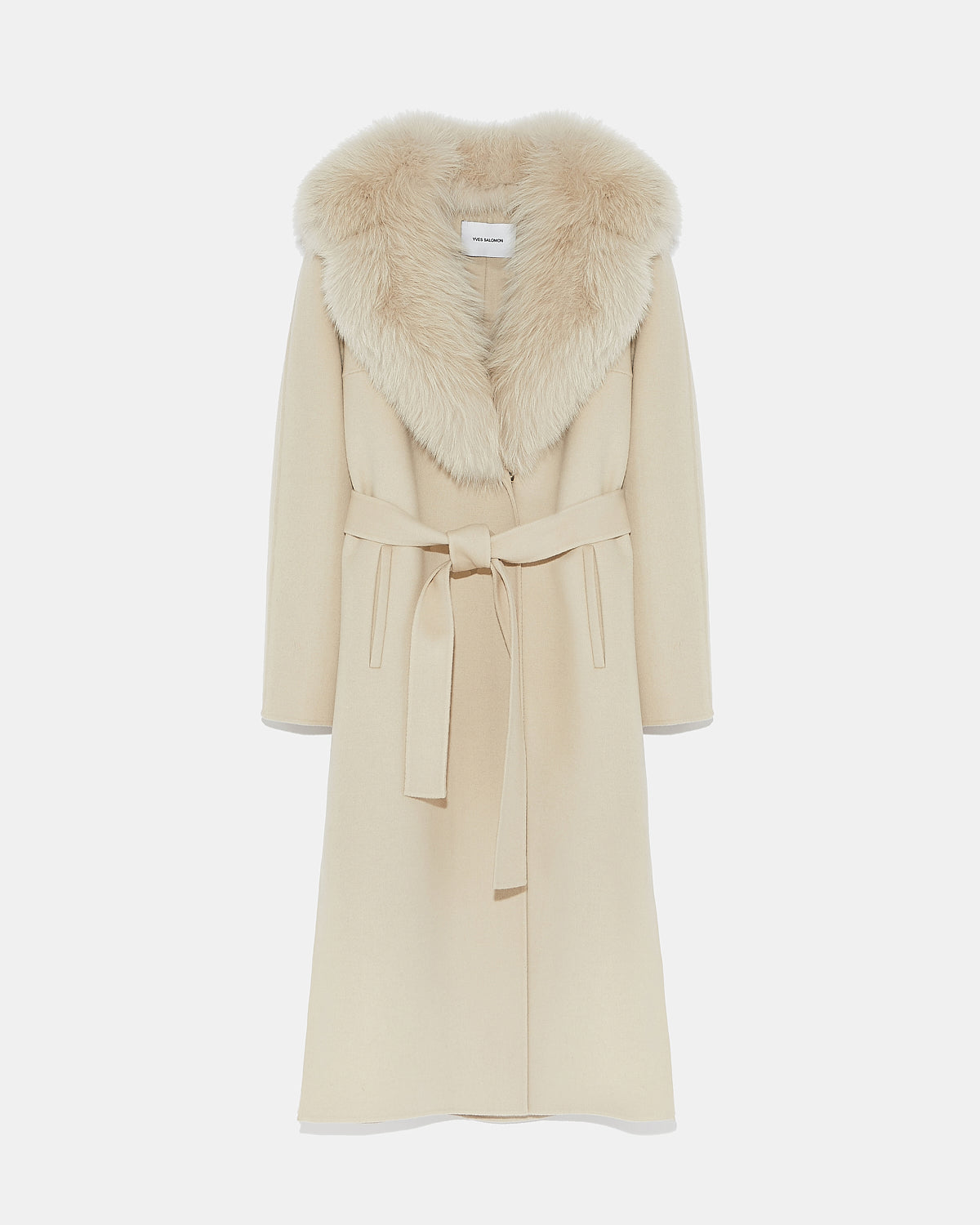 Belted coat in cashmere wool with fox fur collar and lapel - beige