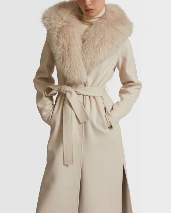 Belted coat in cashmere wool with fox fur collar and lapel