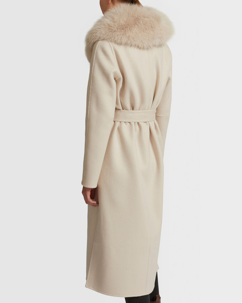 Belted coat in cashmere wool with fox fur collar and lapel
