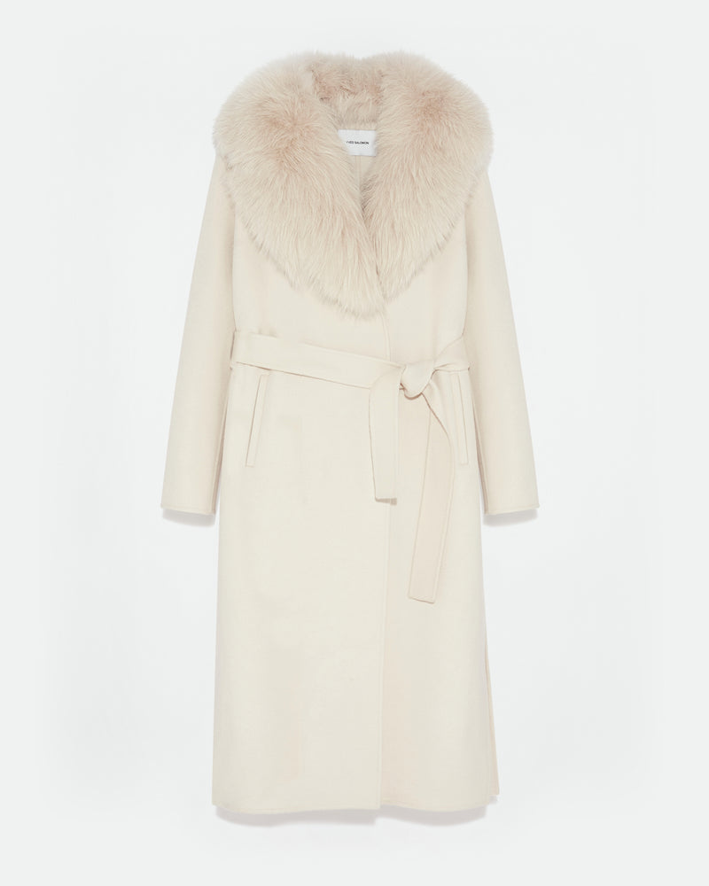 Belted coat in cashmere wool with fox fur collar and lapel - pinkish beige - Yves Salomon