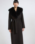Belted coat in cashmere wool with fox fur collar and lapel