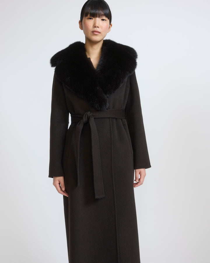Belted coat in cashmere wool with fox fur collar and lapel - Yves Salomon - New Fall/Winter Collection