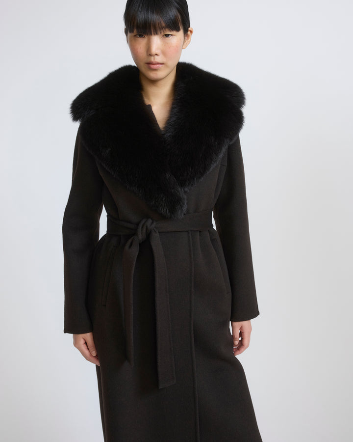 Belted coat in cashmere wool with fox fur collar and lapel - Yves Salomon - New Fall/Winter Collection