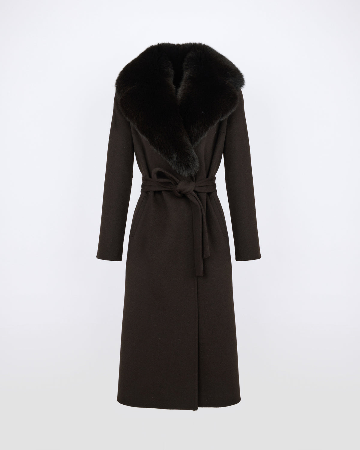 Belted coat in cashmere wool with fox fur collar and lapel - Yves Salomon - New Fall/Winter Collection