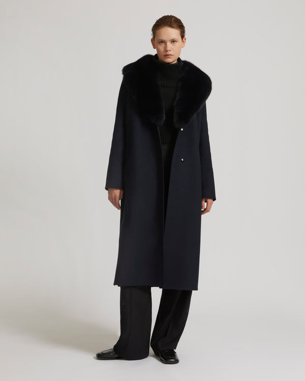 Belted coat in cashmere wool with fox fur collar and lapel - navy - Yves Salomon