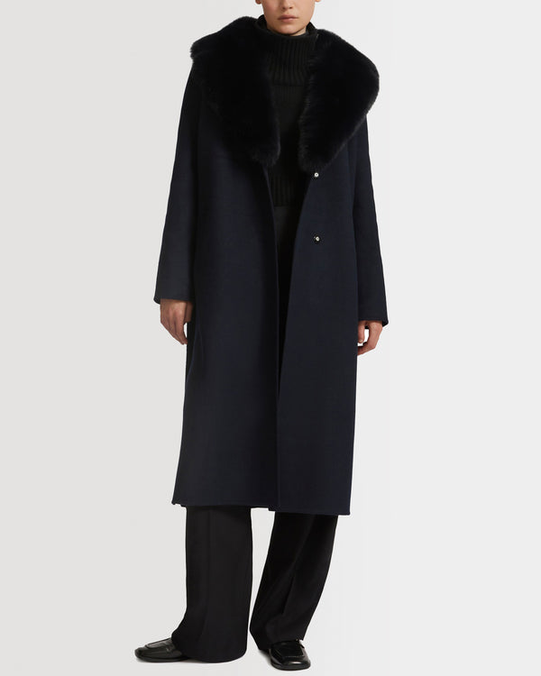 Belted coat in cashmere wool with fox fur collar and lapel