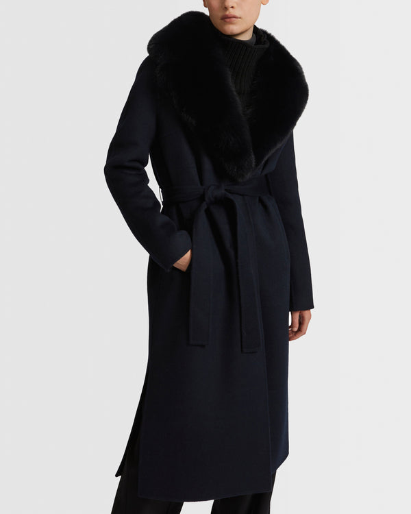 Belted coat in cashmere wool with fox fur collar and lapel