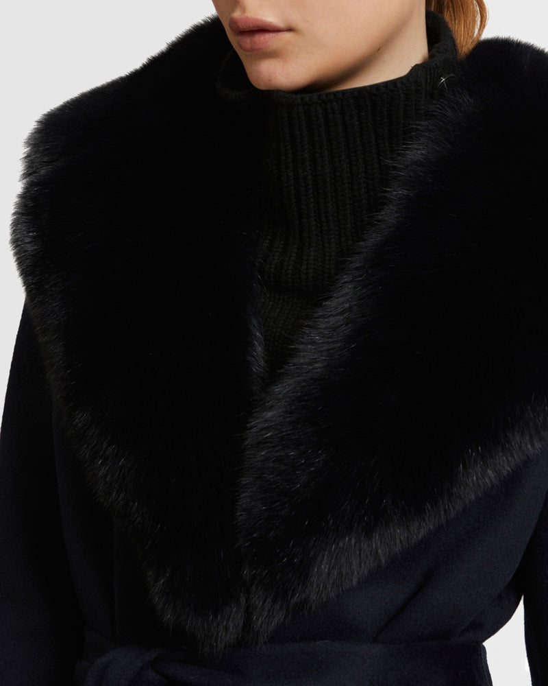 Belted coat in cashmere wool with fox fur collar and lapel