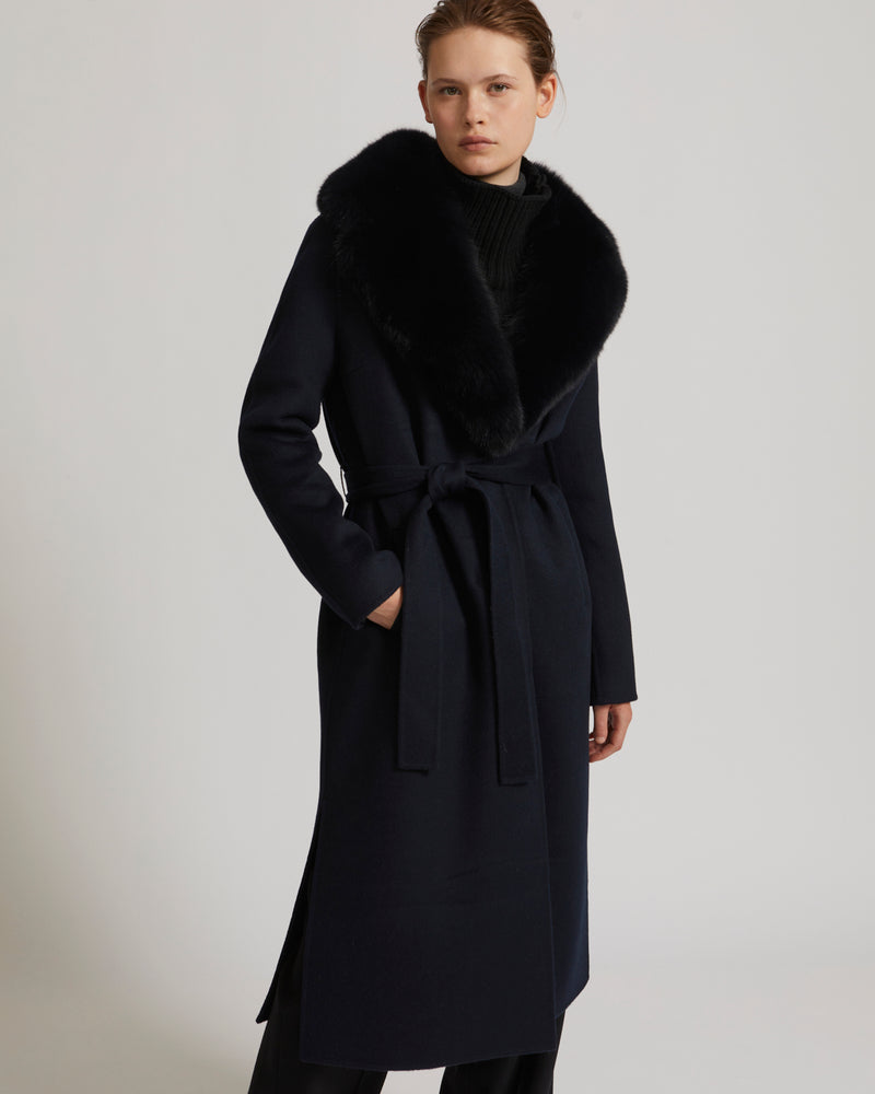 Belted coat in cashmere wool with fox fur collar and lapel - navy - Yves Salomon