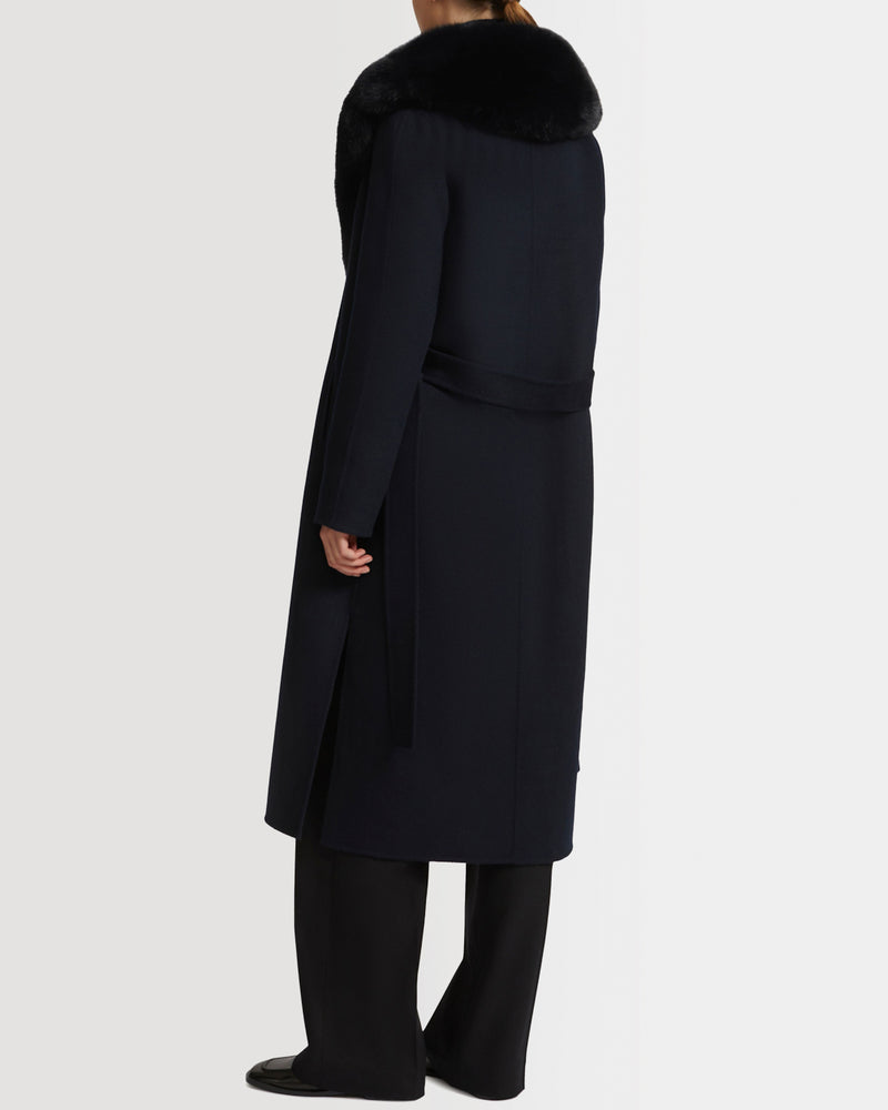Belted coat in cashmere wool with fox fur collar and lapel
