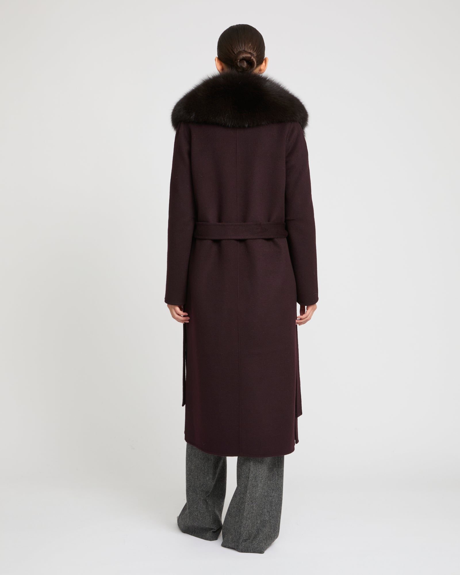 Belted coat in cashmere wool with fox fur collar and lapel -Yves Salomon