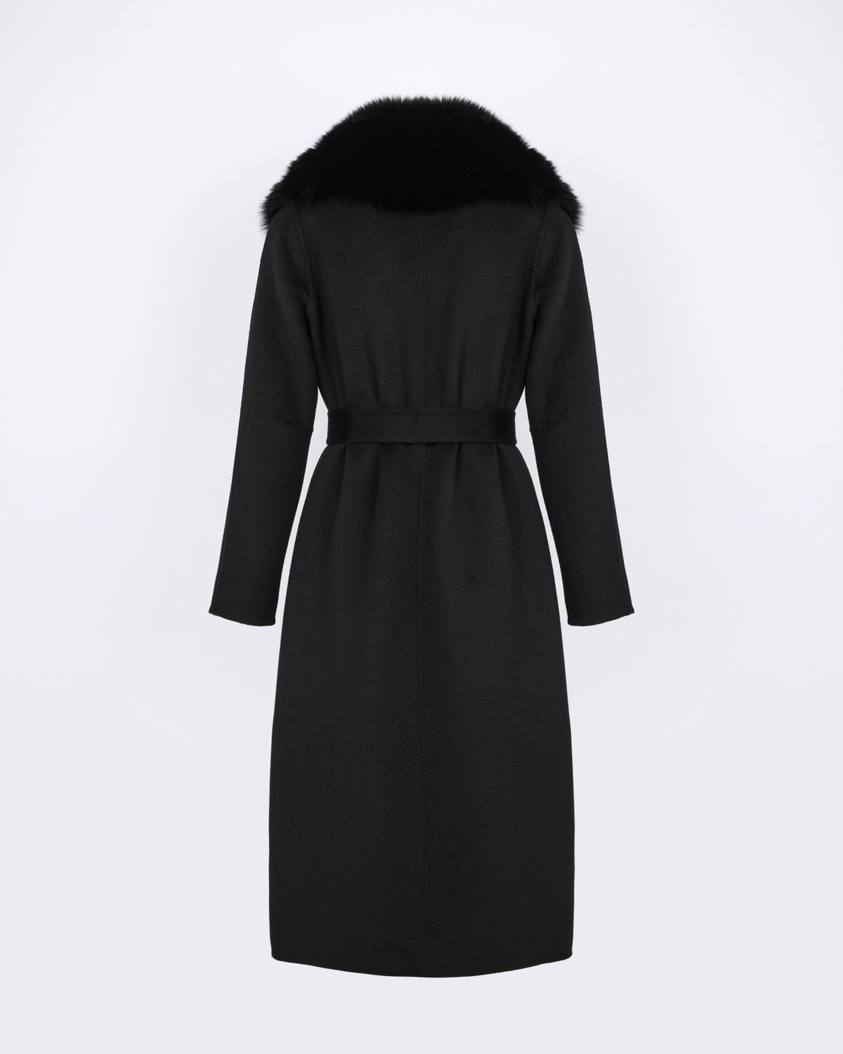 Belted coat in cashmere wool with fox fur collar and lapel