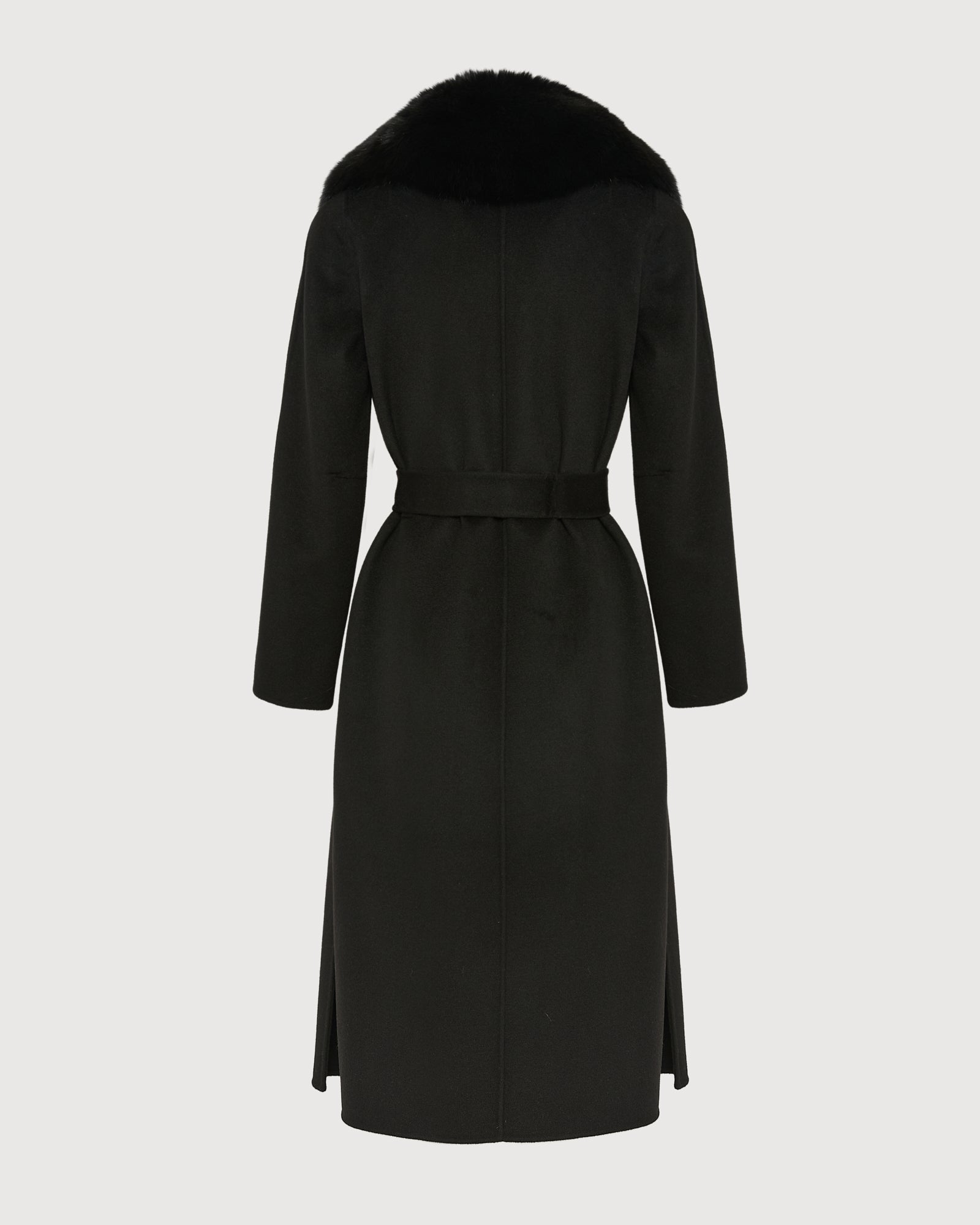 Belted coat in cashmere wool with fox fur collar and lapel - black
