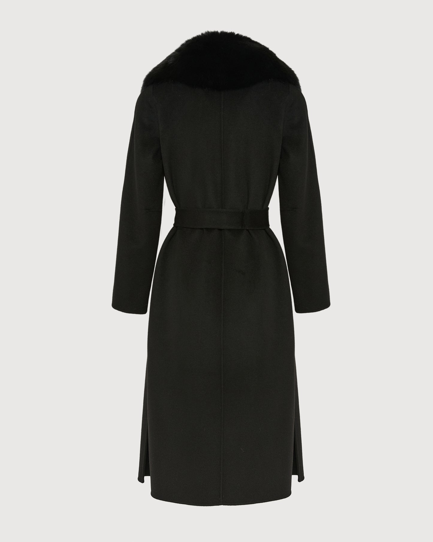 Belted coat in cashmere wool with fox fur collar and lapel
