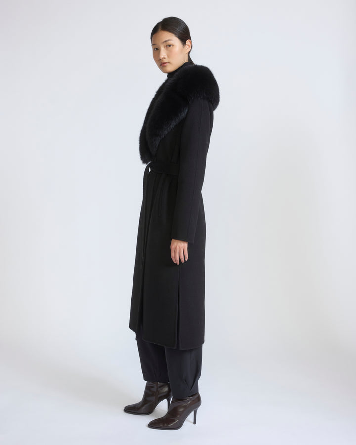 Belted coat in cashmere wool with fox fur collar and lapel