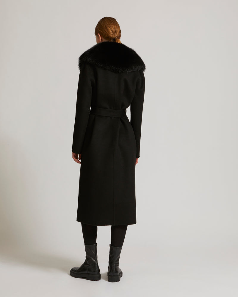 Belted coat in cashmere wool with fox fur collar and lapel - black - Yves Salomon