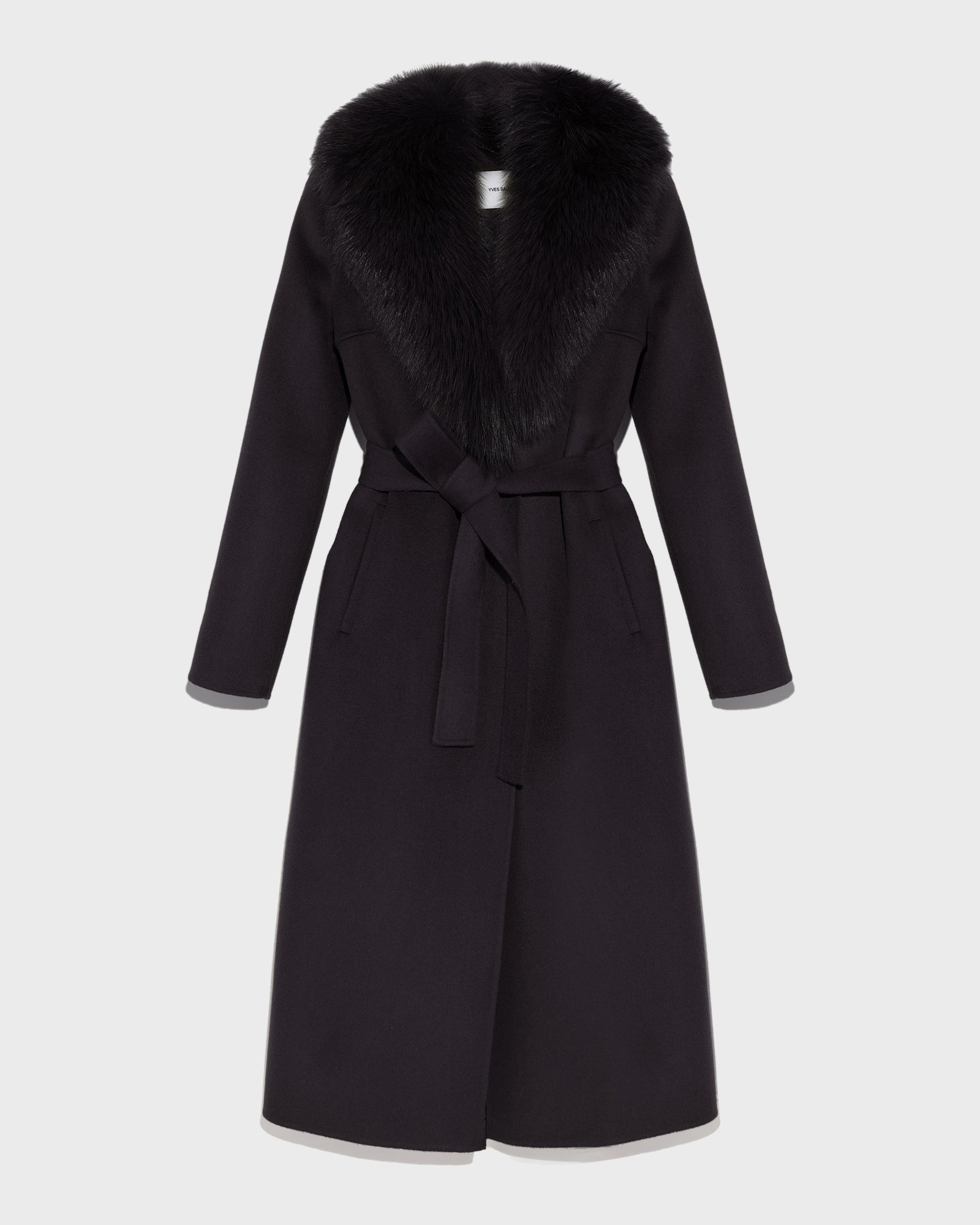 Belted coat in cashmere wool with fox fur collar and lapel - black