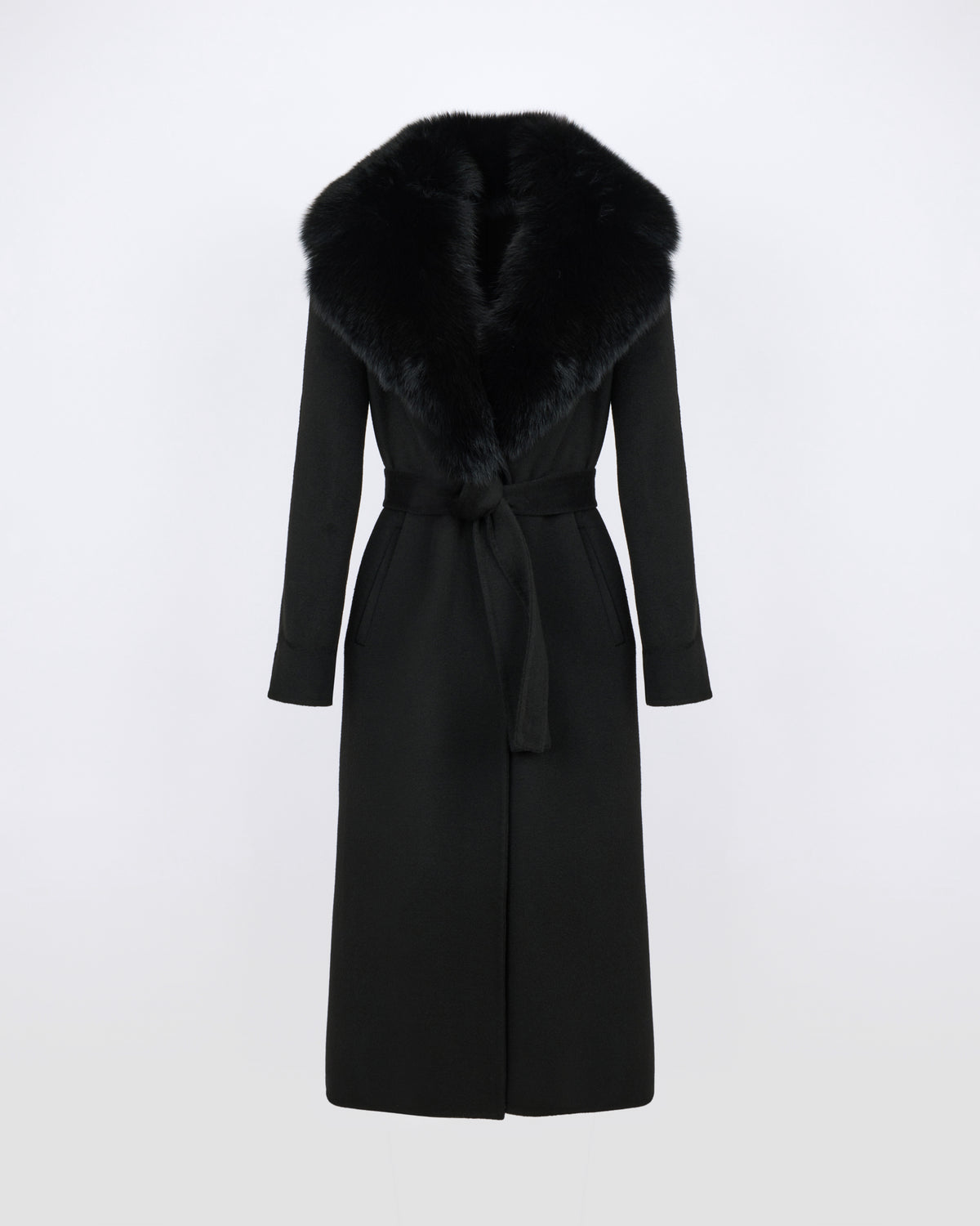 Belted coat in cashmere wool with fox fur collar and lapel