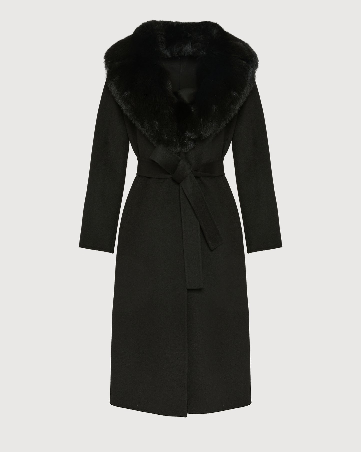 Belted coat in cashmere wool with fox fur collar and lapel