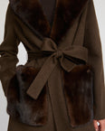 Belted coat in cashmere wool with mink fur collar and over-pockets