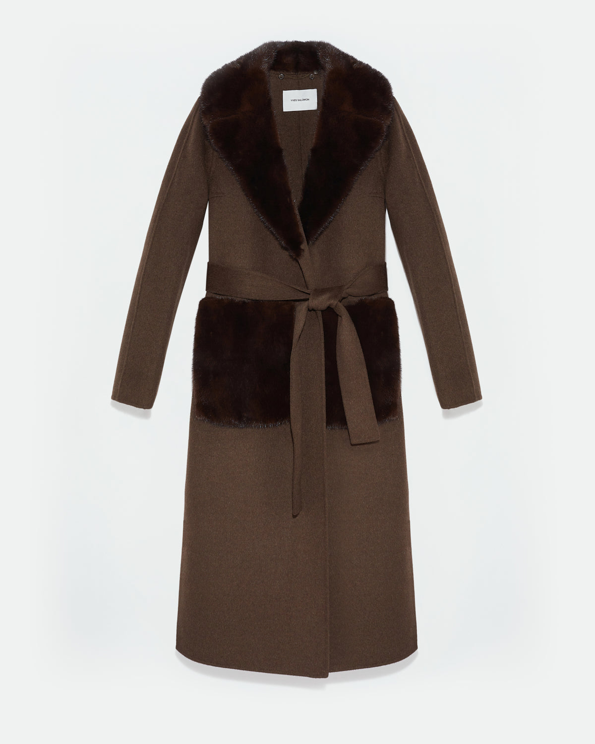 Belted coat in cashmere wool with mink fur collar and over-pockets -Yves Salomon