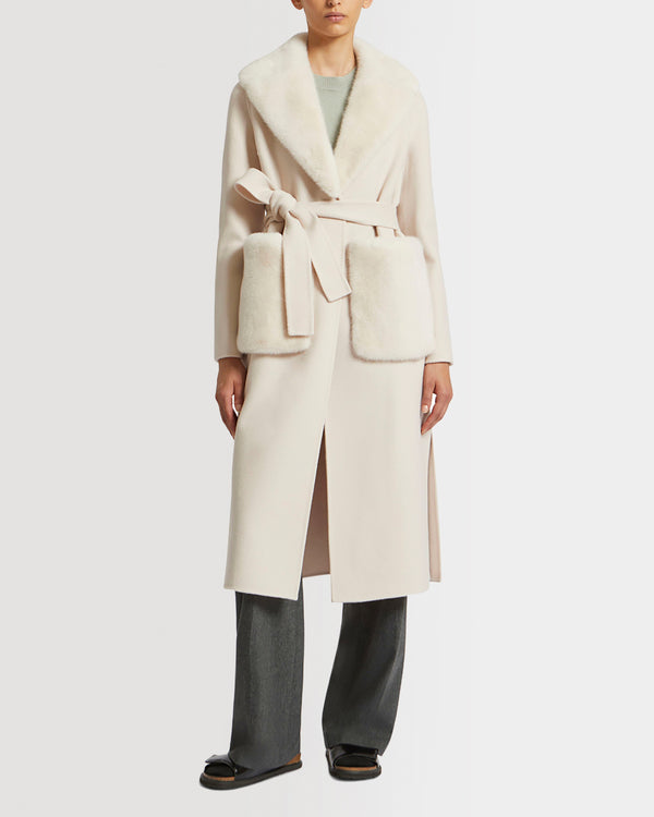 Belted coat in cashmere wool with mink fur collar and over-pockets