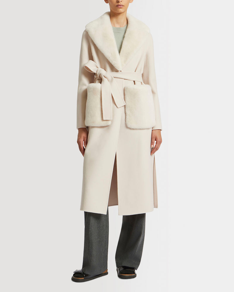 Belted coat in cashmere wool with mink fur collar and over-pockets