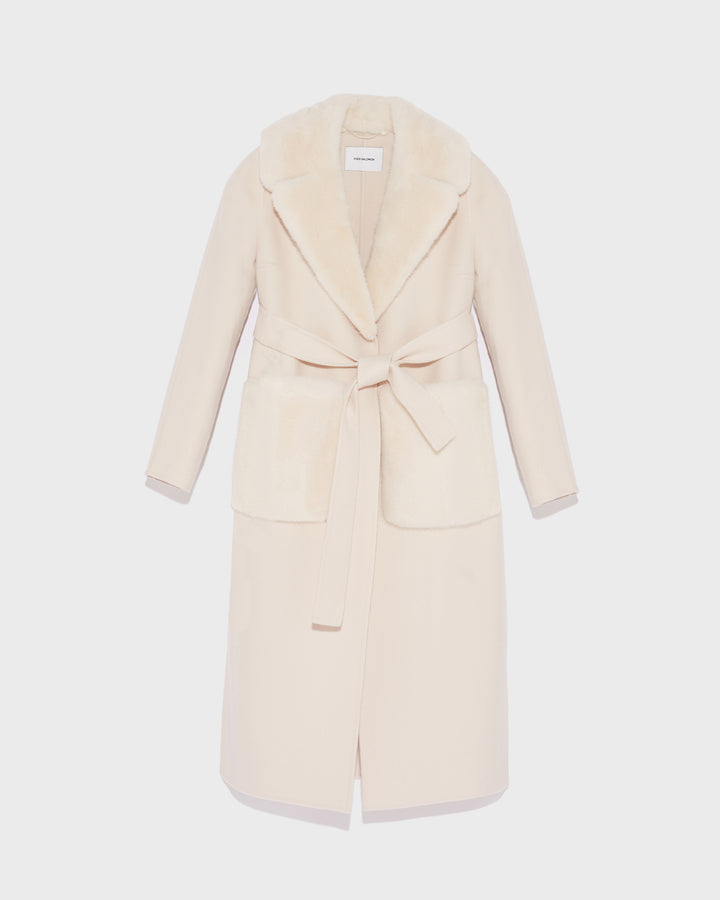 Black Friday - Yves Salomon - Belted coat in cashmere wool with mink fur collar and over-pockets - pinkish beige - front view