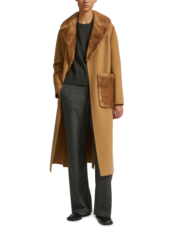 Belted coat in cashmere wool with mink fur collar and over-pockets -Yves Salomon