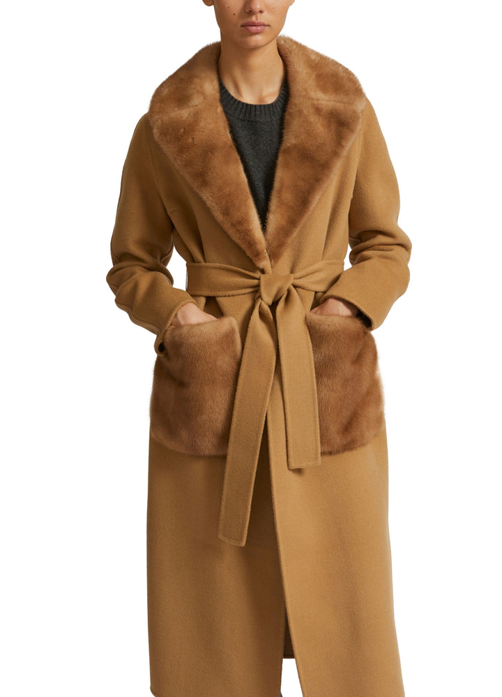 Belted coat in cashmere wool with mink fur collar and over-pockets -Yves Salomon