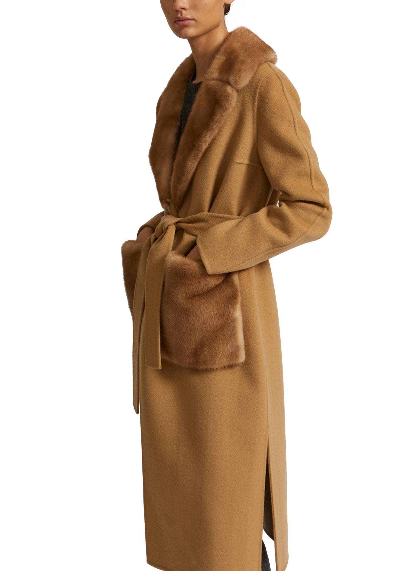 Belted coat in cashmere wool with mink fur collar and over-pockets -Yves Salomon