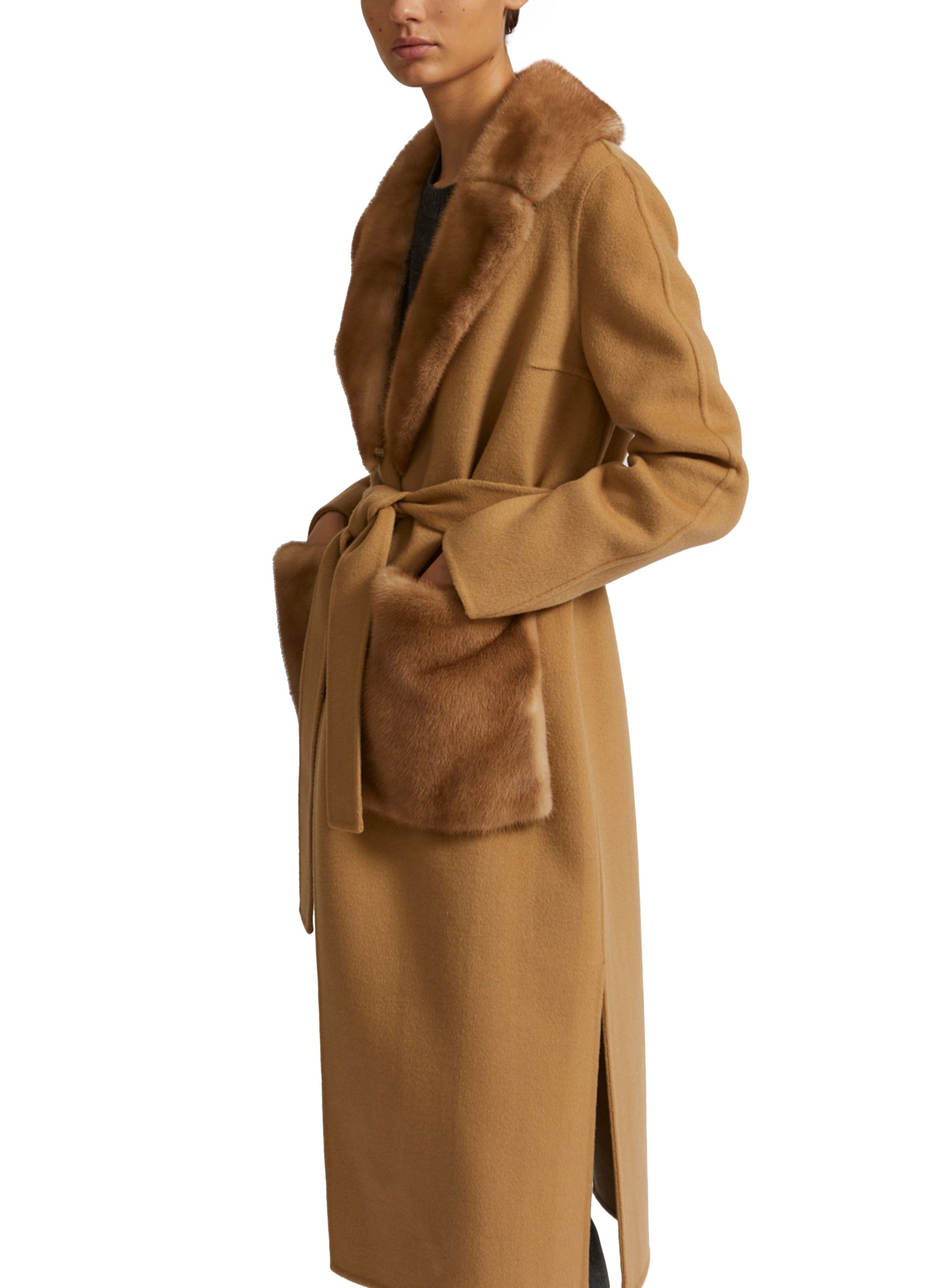 Belted coat in cashmere wool with mink fur collar and over-pockets -Yves Salomon